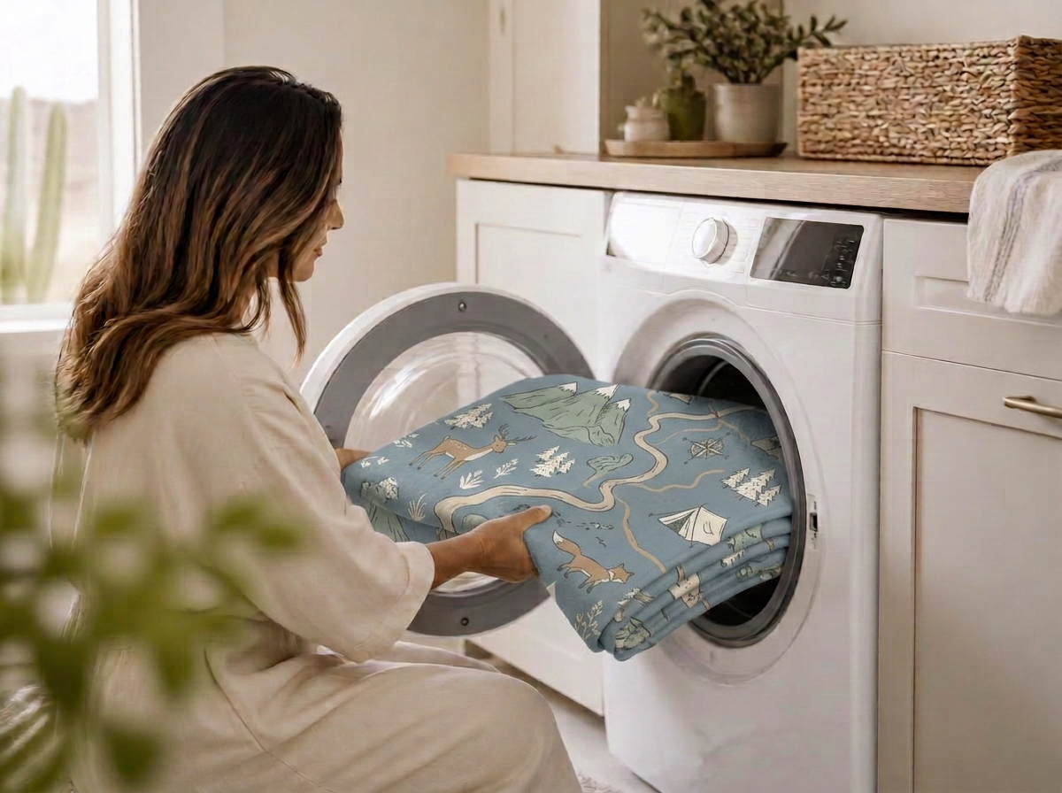 A Willow Woven cotton rug going into the washing machine on wash day