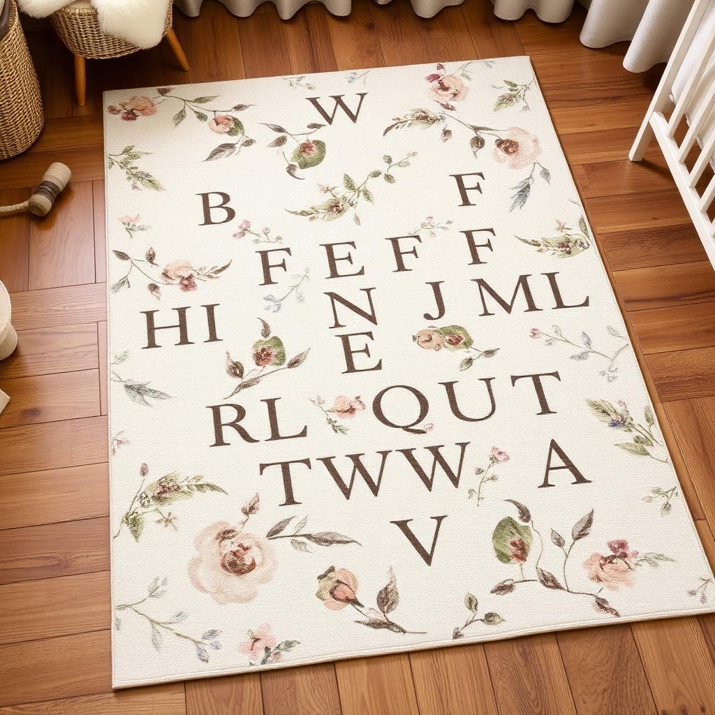 Alphabet Garden washable nursery rug in Cream, styled in a child's room
