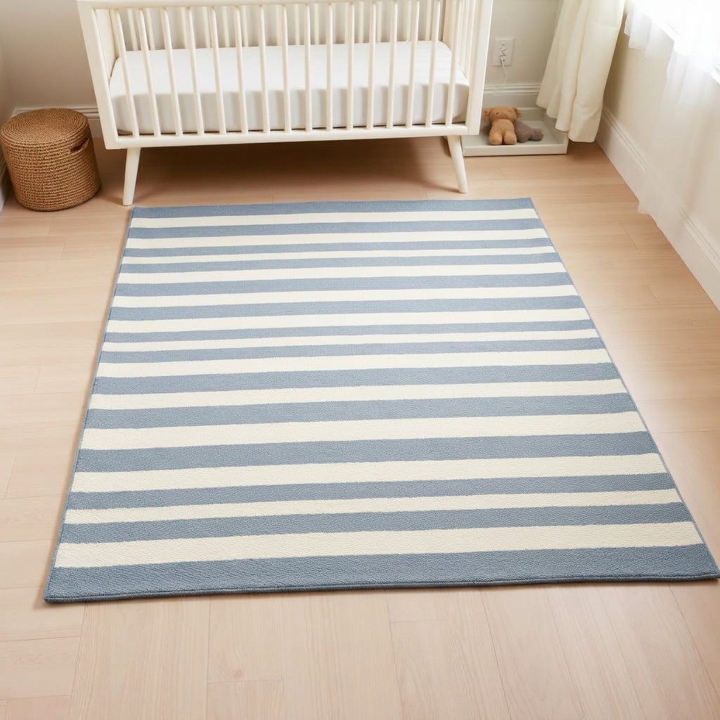 Heirloom Stripe washable nursery rug in Dusty Blue, styled in a child's room