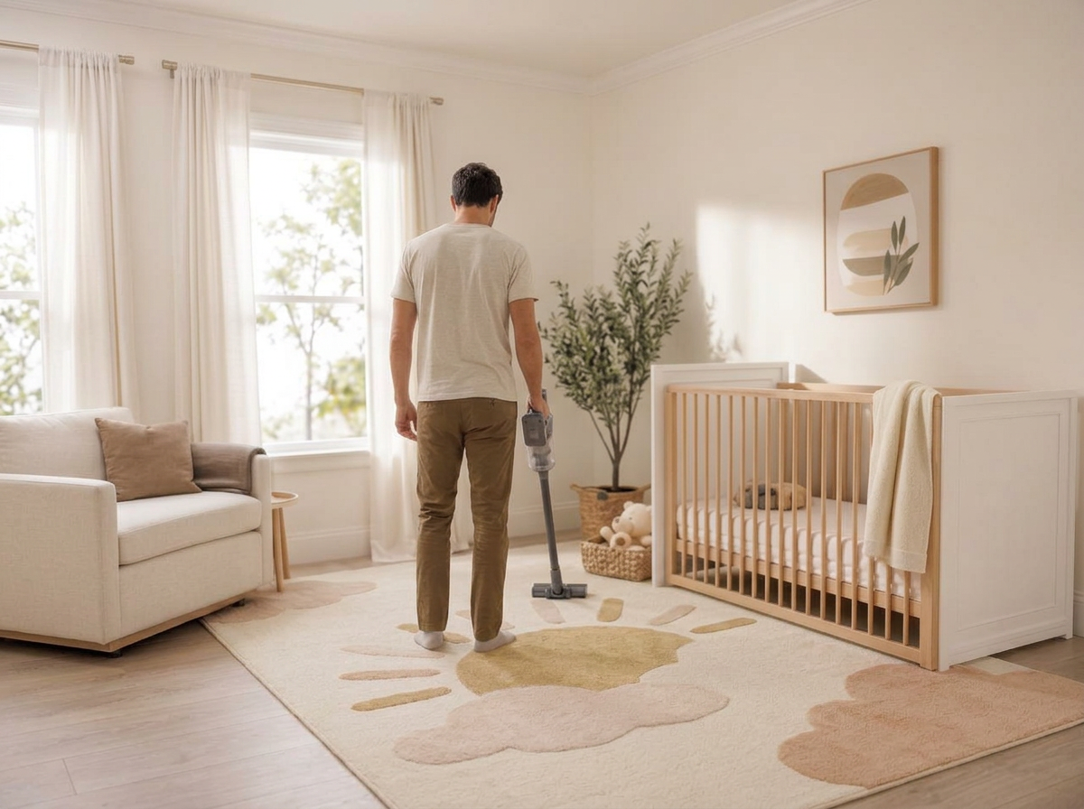 A man vacuuming a Sunny Days Willow rug in a bright nursery, seen from behind