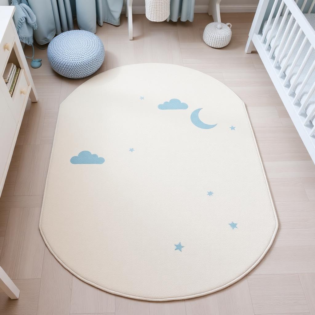 Storybook Sky washable nursery rug in Cream, styled in a child's room