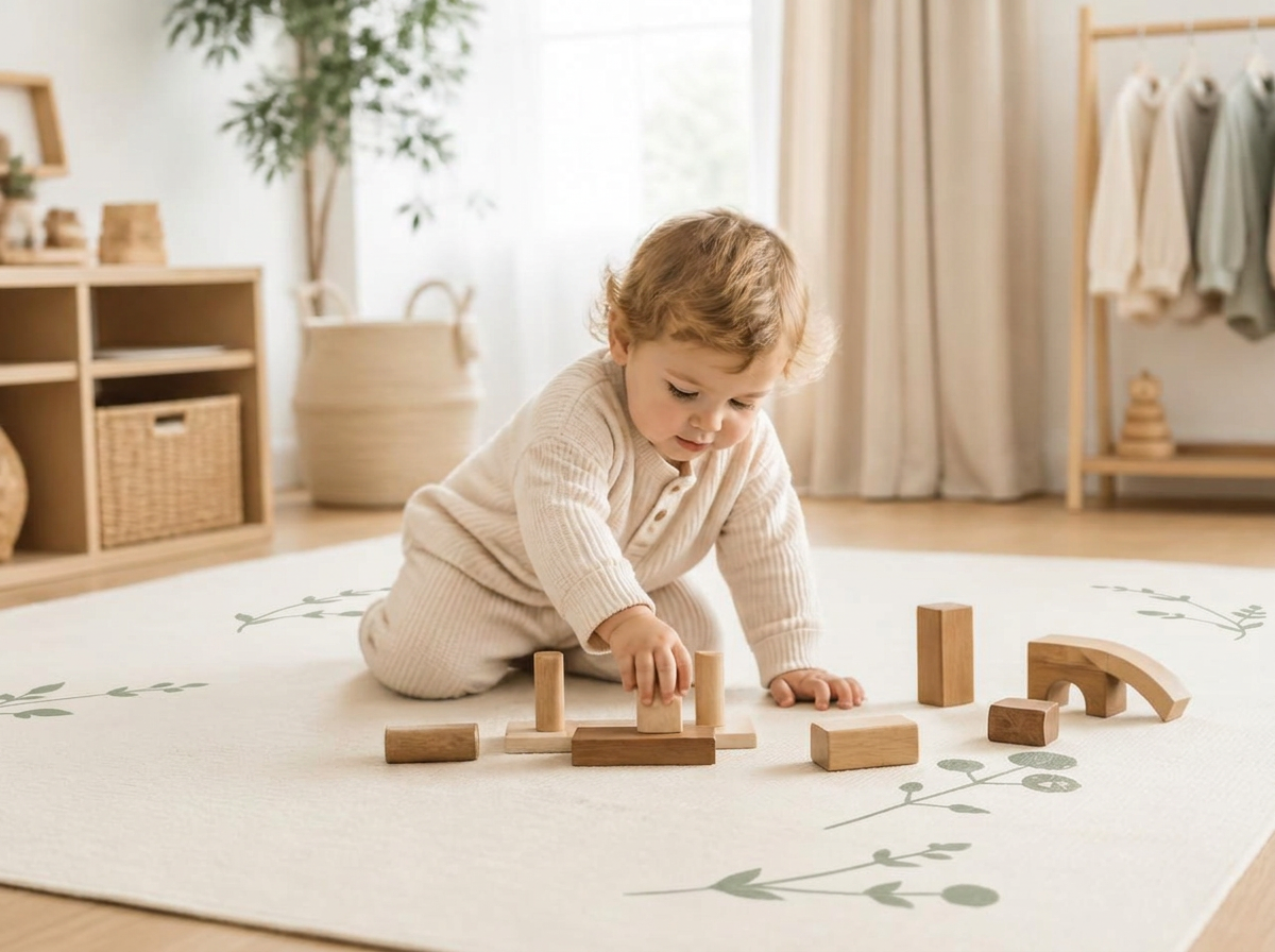 A toddler playing with wooden blocks on an ivory washable cotton rug in a bright playroom
